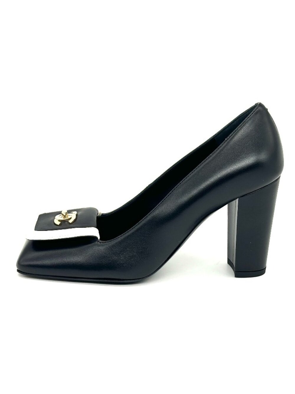 CHANEL 26S Leather Square Toe Turnlock CC Block Heels Pumps Shoes Black Ivory - Picture 2 of 16